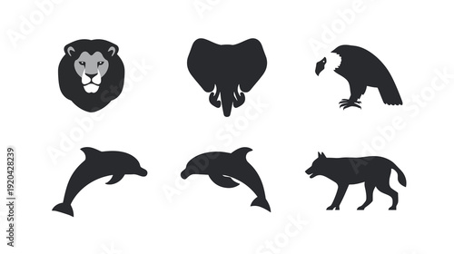 Lion, Elephant, Eagle, Dolphin, Wolf - Solid Black Silhouettes on White Background