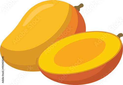 Yellow Mango with Sliced Half Isolated on Transparent Background Tropical Fruit Concept