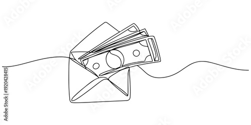 Continuous one line of an envelope stuffed with cash, drawn illustration.