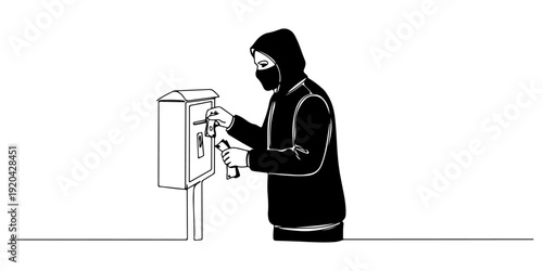Continuous one line of a masked figure stealing money from a public fund box, drawn illustration.