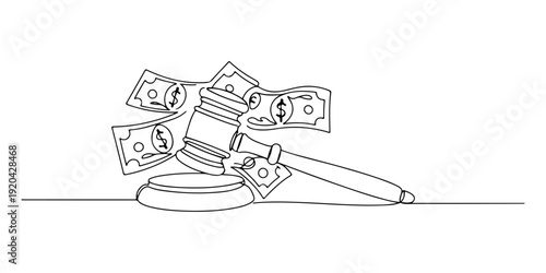 Continuous one line of a gavel surrounded by currency notes, drawn illustration.