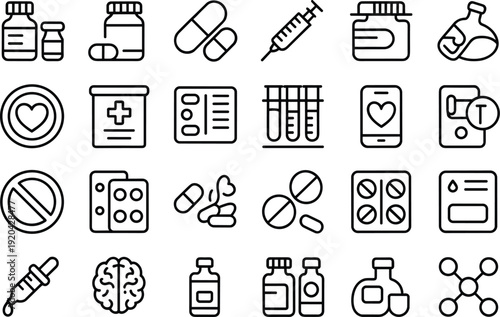 Medical Health Care Icons: Pills, Syringe, Brain, Test Tubes, Dropper, Bottles, Molecules, Heart Symbol, Prohibition Sign, Blister Pack, Medical Chart, Phone,Medical Symbols Set Vector Illustration