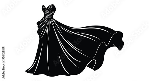 A striking black dress is presented in a dramatic flowing form creating a bold visual silhouette high quality professional detailed modern