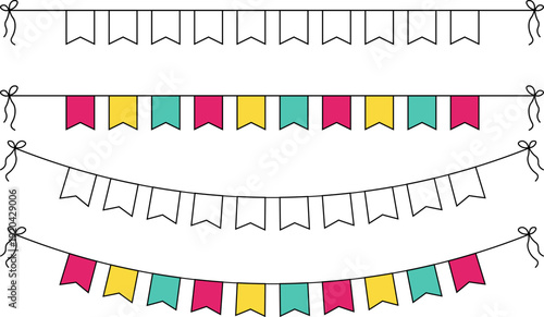 Colorful party bunting flags hanging on strings a festive decoration set