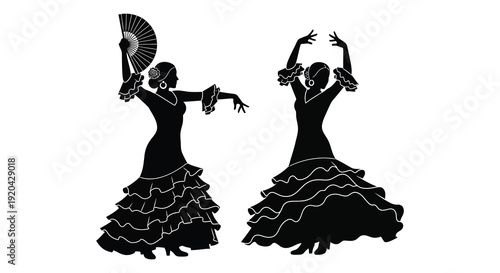 Two flamenco dancers pose dynamically with fans and ruffled dresses depicted in a striking black silhouette high quality professional detailed modern