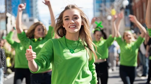 A young Caucasian woman with long blonde hair smiles while participating in a festive parade. She wears a green shirt and is surrounded by diverse people in similar attire.