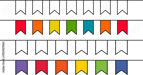 Colorful pennant banners hanging on strings arranged in multiple rows