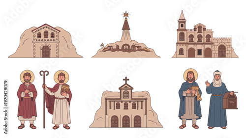 Collection of religious buildings and figures in a flat design style