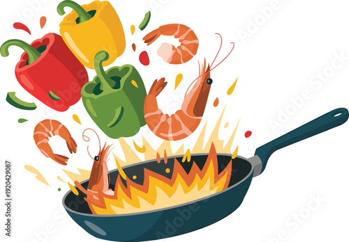 Sizzling Shrimp with Colorful Peppers in Pan Isolated on Transparent Background Gourmet Cooking Concept