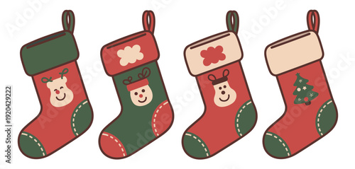 Four festive christmas stockings with holiday designs hanging