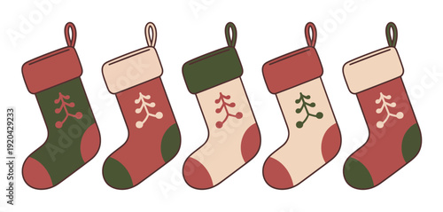 Collection of five festive christmas stockings with holiday patterns