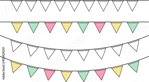 Colorful pennant banners hanging on strings a festive decoration