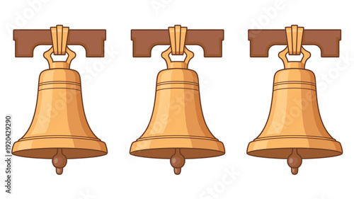 Three golden liberty bells hanging from wooden beams