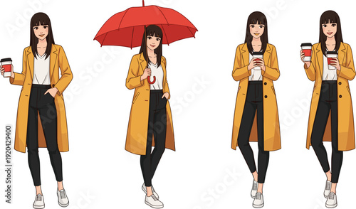 Fashionable young woman character set wearing yellow trench coat and holding red umbrella with coffee cup for autumn rainy day seasonal lifestyle designs.