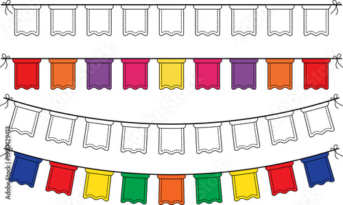 Colorful pennant banners and blank templates strung on lines