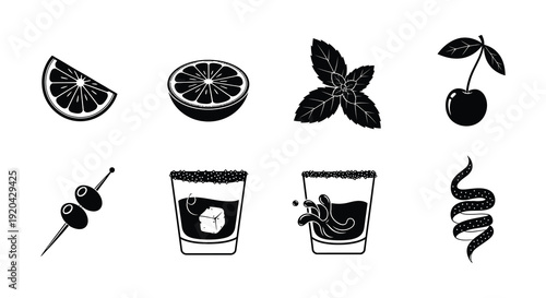 A collection of black silhouettes depicting citrus cherries olives and cocktail elements showcasing drink garnishes silhouette high quality professional detailed modern