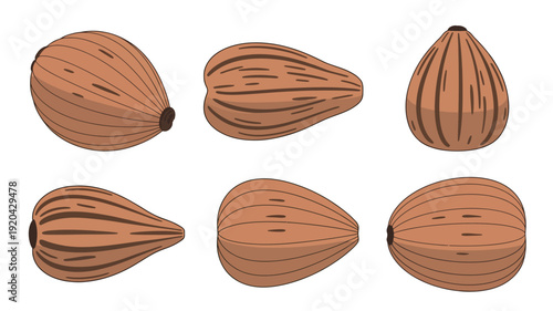 Six whole almonds in different perspectives on a white background