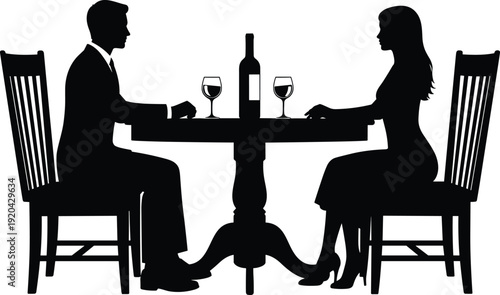 Black vector silhouette of a man and woman having a romantic dinner at a restaurant table with wine for date night and relationship branding (24 words)
