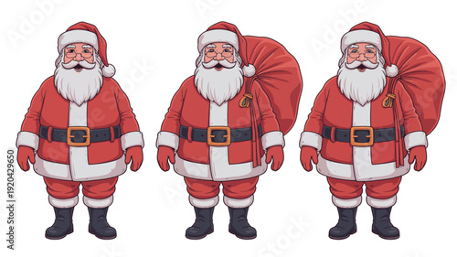 Three santa claus figures in red suits with white trim and black boots