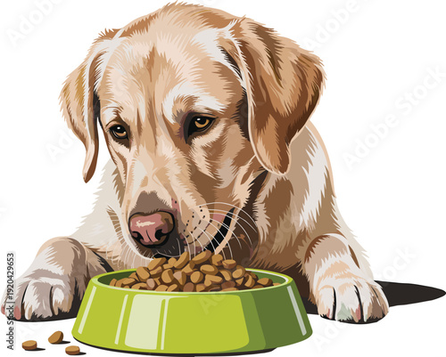 Golden Retriever Eating from Green Dog Bowl Isolated on Transparent Background Pet Care Concept