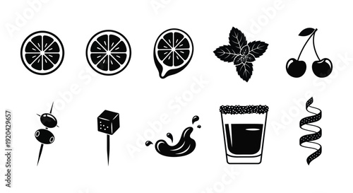 A collection of black silhouettes depicting citrus fruits herbs cherries and cocktail garnishes silhouette high quality professional detailed modern elegant stylish