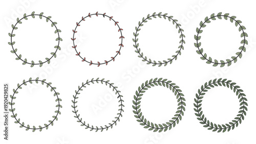 Collection of eight hand drawn oval floral wreaths and borders