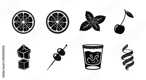 A collection of black silhouettes depicting citrus herbs fruit and cocktail related items silhouette high quality professional detailed modern elegant stylish clean