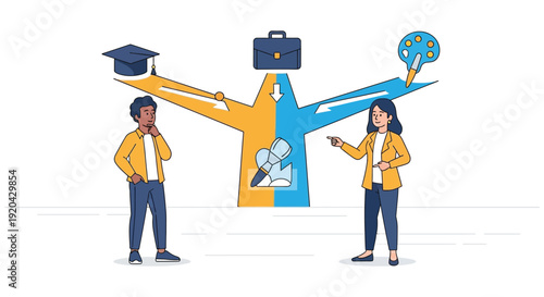 A colorful illustration depicts choices between career paths represented by scales and symbolic objects silhouette high quality professional detailed modern elegant