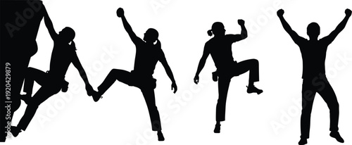 Black vector silhouette set of male and female rock climbers bouldering scaling stone walls and celebrating at the summit for outdoor adventure sports branding (24 words)