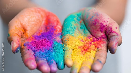 Colorful powders in hands during Holi festival. Bright hues of pink, blue, yellow, and orange are visible. Hands are stained with vibrant colors.