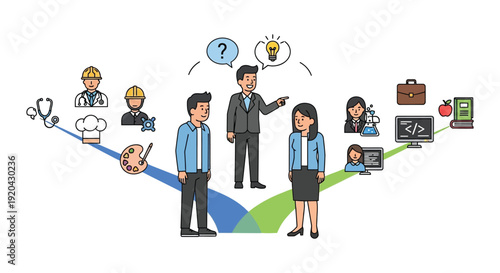 Diverse professionals illustrate career paths and innovation with creative icons and a flowing design silhouette high quality professional detailed modern elegant