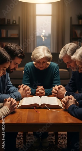 A family bows heads in prayer around an open holy book at a wooden table.