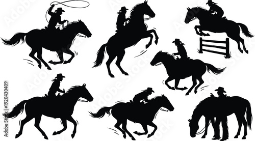 Set of cowboy riding horse silhouettes isolated on white background, western rodeo action scenes with lasso, jumping and galloping poses, black vector illustration collection