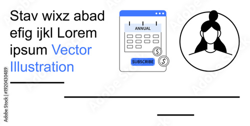 Subscription services, financial planning, budgeting, online payments, self-organization, user profiles. Calendar with subscribe button and coins, female user portrait. Subscription services