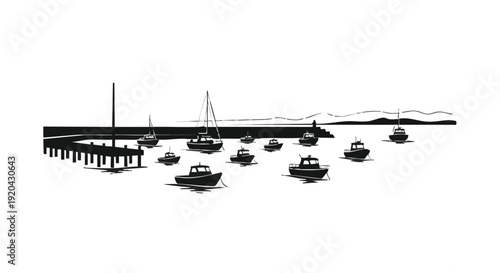 Harbor with Boats Silhouette Vector Illustration