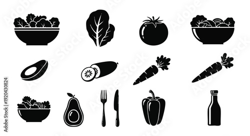 Healthy Food and Vegetable Icon Set Silhouette Vector