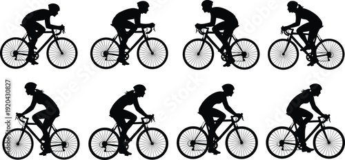 Set of road cyclist silhouettes isolated on white background, male and female bicycle riders in racing position, black vector illustration collection for cycling sport design