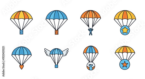 Parachute Icons Set, Cartoon Style Vector Illustration