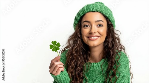 A young Hispanic woman with curly hair smiles while holding a four-leaf clover. She wears a green sweater and matching beanie, celebrating St. Patrick's Day.