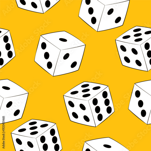 Different facets playing cubes seamless pattern. Casino background. Hand drawn Dice toss. Gamble and risky board games. Bone throw for bets. Repeated gambling bright yellow print. Roulette jackpot.