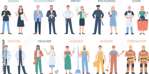 Diverse collection of male and female professional characters including doctor, teacher, builder, firefighter, and businessman isolated on a white background.