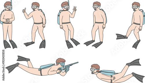 Collection of scuba diver character poses including swimming, diving, signaling and spear fishing isolated on white background for marine design.