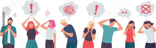 Diverse group of people experiencing stress, anxiety, mental health issues, headache, confusion and emotional burnout expressed through frustrated body language.