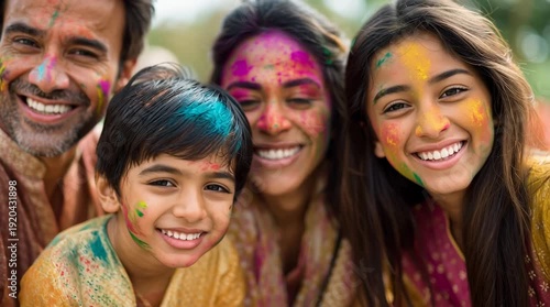 A joyful Indian family celebrates Holi, covered in vibrant colors. The group includes a middle-aged man, a middle-aged woman, a young boy, and a teenage girl, all smiling.