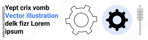 Gear icons in black and outline styles alongside a wheat stalk evoke themes of technology, agriculture, and productivity. Ideal for industry, innovation, farming, mechanics, automation