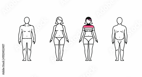 Diverse Human Body Types Illustration: Male and Female Figures with Different Shapes, Emphasizing Body Diversity and Health Concepts