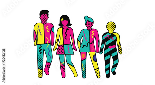 Vibrant group of stylized people in retro pop art fashion, showcasing diversity and individuality with abstract patterns and bold colors.