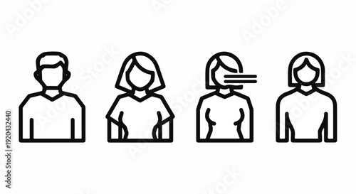 Modern line art user avatar icons set, featuring male and female profiles, representing online identity, communication, and social media, with a muted female.
