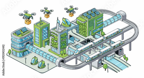 Futuristic Cityscape with Advanced Transportation and Green Technology.