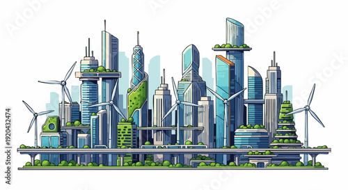 Futuristic Green City with Wind Turbines and Sustainable Architecture.